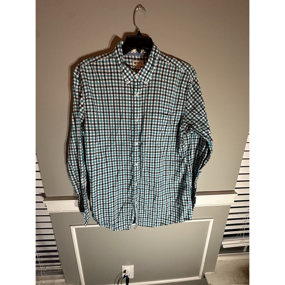 Haggar XL Long Sleeve Button Down Blue Green And White Plaid Dress‎ Shirt EUC